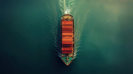 Aerial view of cargo ship sailing in the sea. Top viewの素材