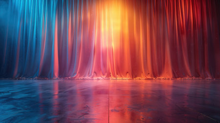 Theater stage with blue curtain and spotlights. 3d renderingの素材