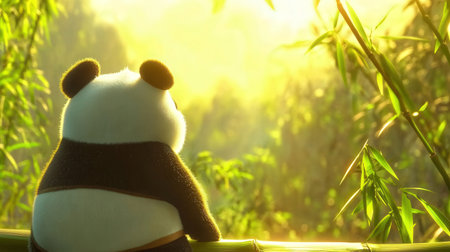 Panda bear in bamboo forest at sunset or sunrise, soft focusの素材