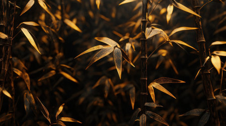 Close up of bamboo stems and leaves in the morning light with copy spaceの素材
