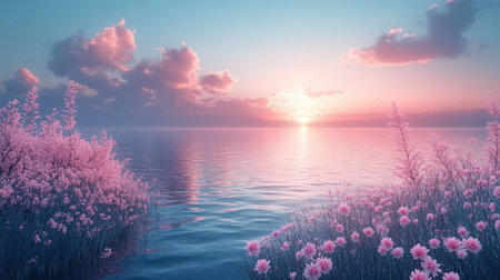 Beautiful sunset over the lake with reeds. 3d renderの素材