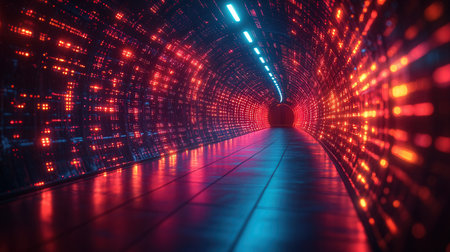 3d illustration of futuristic tunnel corridor with glowing lights and reflections.の素材