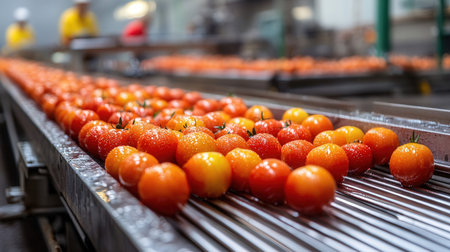 Ripe cherry tomatoes on conveyor belt in factory, closeupの素材