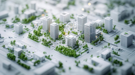 Miniature city. 3d illustration of a miniature city with buildings and roadsの素材