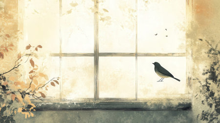 Bird sitting on the window in grunge style. Vintage background.の素材