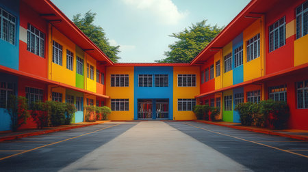 Colorful school building in the middle of the street in Thailand.の素材