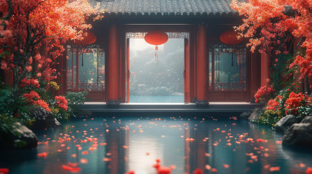 3D rendering of a Chinese temple with red lanterns and flowersの素材