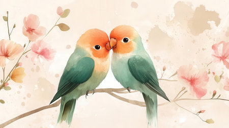 Two cute lovebirds on a branch with flowers. Watercolor illustrationの素材