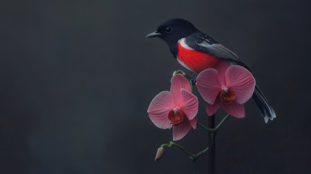Red-throated Bulbul on a pink orchid with copy spaceの素材