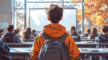 Back view of male student sitting in classroom and looking at camera. Back view of young man with backpack in classroom. Back to school conceptの素材