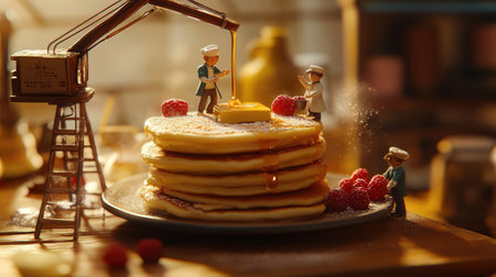 Miniature people : Stack of pancakes with butter and sugar on wooden tableの素材
