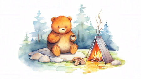 Watercolor illustration of a cute teddy bear sitting near the campfireの素材