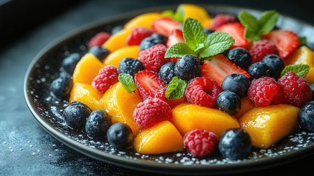 Fruit salad with fresh berries and mango on plate, closeupの素材
