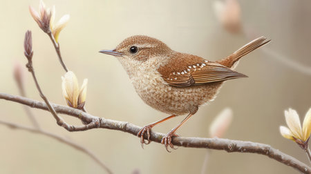 Troglodytes troglodytes on a branchの素材