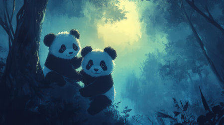 Two giant panda in the forest. 3d illustration. toningの素材