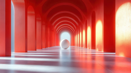 3d rendering of a white sphere inside a red corridor in a modern buildingの素材