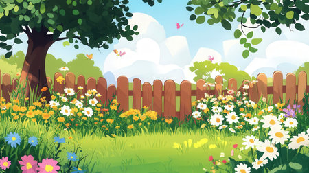 Beautiful summer landscape with flowers and wooden fence. Vector illustration.の素材