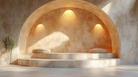 Minimalist concrete product display with round podiums and plants. 3D renderingの素材