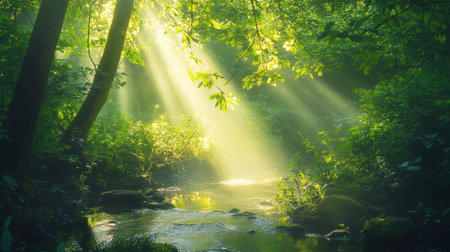 Sunlight in the green forest with a small river in the middleの素材
