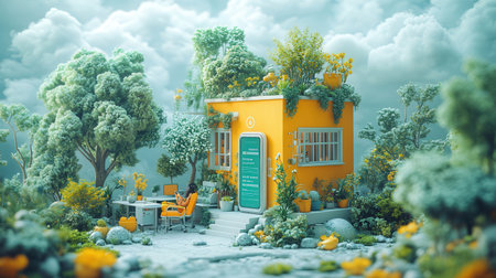 3d render of a miniature house with flowers in the garden.の素材