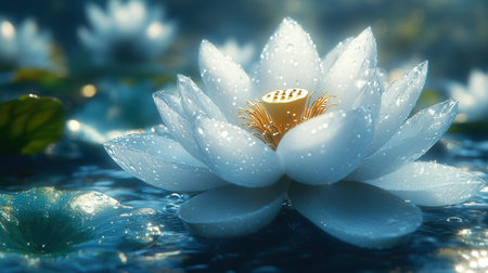 Beautiful white lotus flower with water drops on blue background.の素材