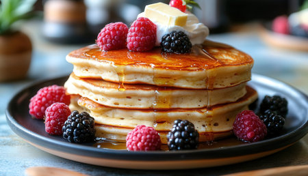 Tasty pancakes with berries on plate, closeup. Delicious breakfastの素材