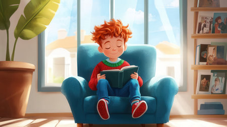 Little boy reading book in armchair at home. Kid's education conceptの素材