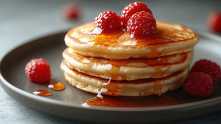 Plate with tasty pancakes and raspberries on table, closeupの素材