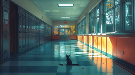 3d rendering of a school corridor with a black cat in itの素材