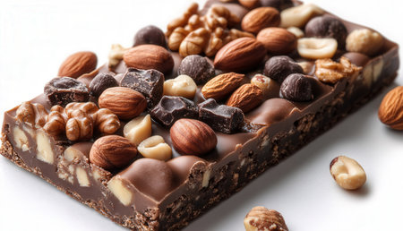 Chocolate bar with nuts on a white background, close-upの素材