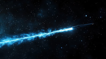 Flying meteorite in the night starry sky. 3D renderingの素材