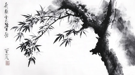 Chinese calligraphy. Black silhouette of a bamboo tree on a white background.の素材