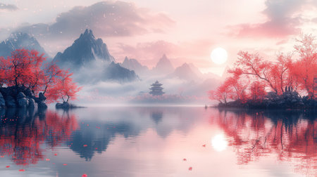 Fantasy landscape with lake and mountain in the fog. 3d renderingの素材
