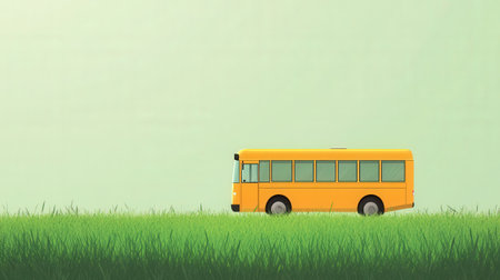 Yellow school bus on green grass background. Back to school concept.の素材