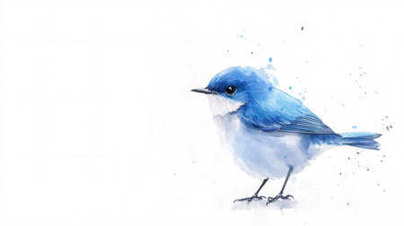 Watercolor illustration of a blue bird on a white background with copy spaceの素材