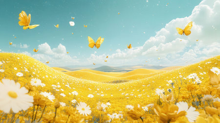 Beautiful spring landscape with yellow flowers and butterflies. 3d renderingの素材