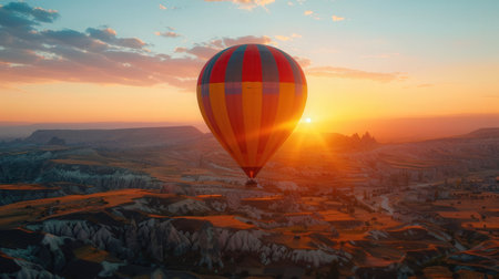 Hot air balloon flying over the valley at sunset. 3d renderingの素材