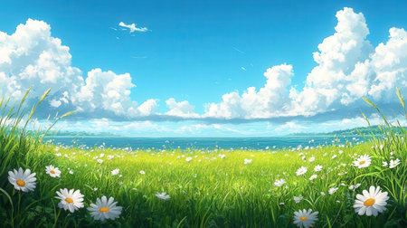Green meadow with daisies and blue sky with white cloudsの素材