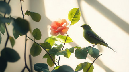Bird and flower on the window in the morning. Vintage tone.の素材