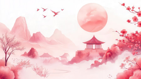 Chinese New Year Landscape Background. Traditional Chinese Landscape Painting.の素材