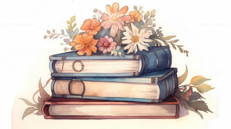 Pile of books and flowers on a white background. Hand drawn illustration.の素材