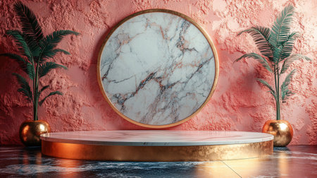 Podium with marble and plants on color wall background. 3d renderの素材