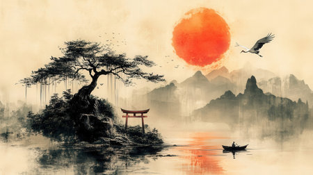 Landscape of japanese traditional landscape with bamboo tree and red sunの素材