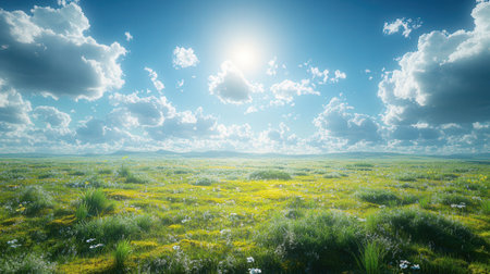 Beautiful summer landscape with green meadow and blue sky with cloudsの素材