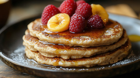 Pancakes with raspberries and peaches, selective focusの素材
