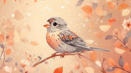 Watercolor illustration of a cute little bird sitting on a branch with autumn leavesの素材