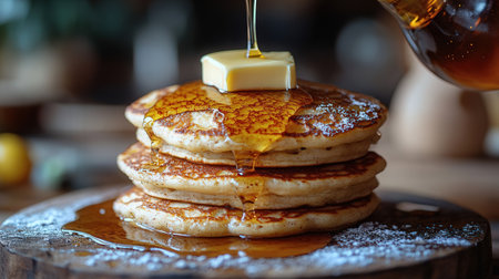 Pancakes with honey and butter on a wooden board, selective focusの素材