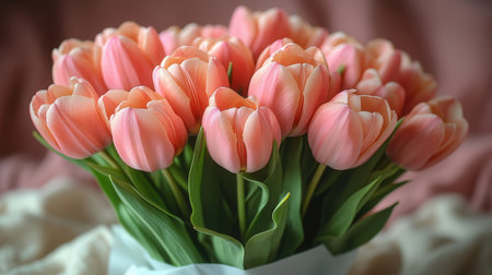 bouquet of pink tulips in a vase on the bedの素材