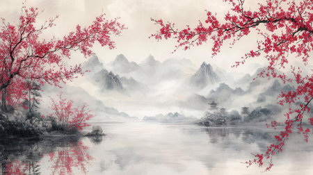 Landscape of lake and mountain in the fog, Digital painting.の素材