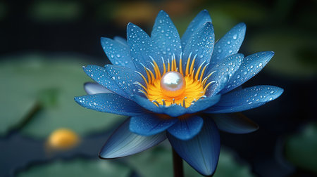 Blue water lily with yellow pollen and a pearl in the middleの素材